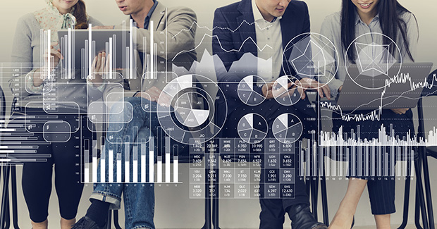people with data chart overlay
